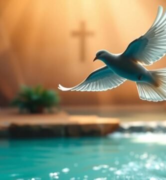 Bild einer weißen Taube, die in der Nähe eines Flusses fliegt, mit einem Kreuz und himmlischem Licht im Hintergrund