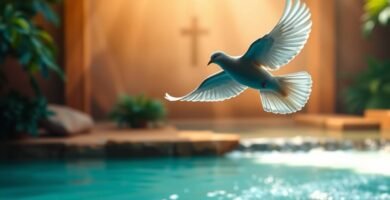 Bild einer weißen Taube, die in der Nähe eines Flusses fliegt, mit einem Kreuz und himmlischem Licht im Hintergrund