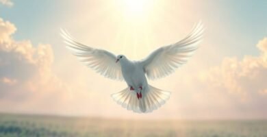 Bild einer weißen Taube, die den Heiligen Geist symbolisiert und am Himmel mit dem Meer im Hintergrund fliegt