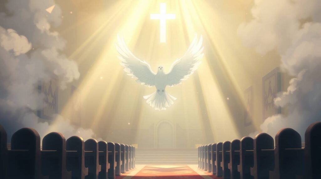 Bild einer weißen Taube mitten auf einem Friedhof, die auf ein goldenes Licht zufliegt, das vom Himmel fällt
