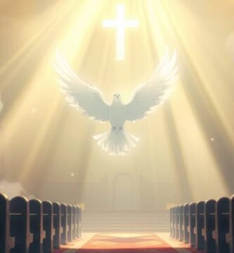 Bild einer weißen Taube mitten auf einem Friedhof, die auf ein goldenes Licht zufliegt, das vom Himmel fällt