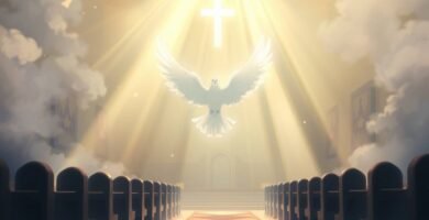 Bild einer weißen Taube mitten auf einem Friedhof, die auf ein goldenes Licht zufliegt, das vom Himmel fällt