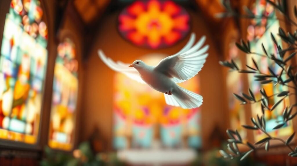 Bild einer Taube, die in einer Kirche fliegt, mit unscharfem Hintergrund