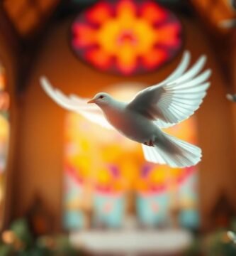 Bild einer Taube, die in einer Kirche fliegt, mit unscharfem Hintergrund