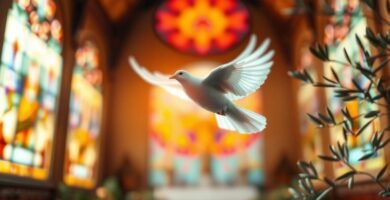 Bild einer Taube, die in einer Kirche fliegt, mit unscharfem Hintergrund