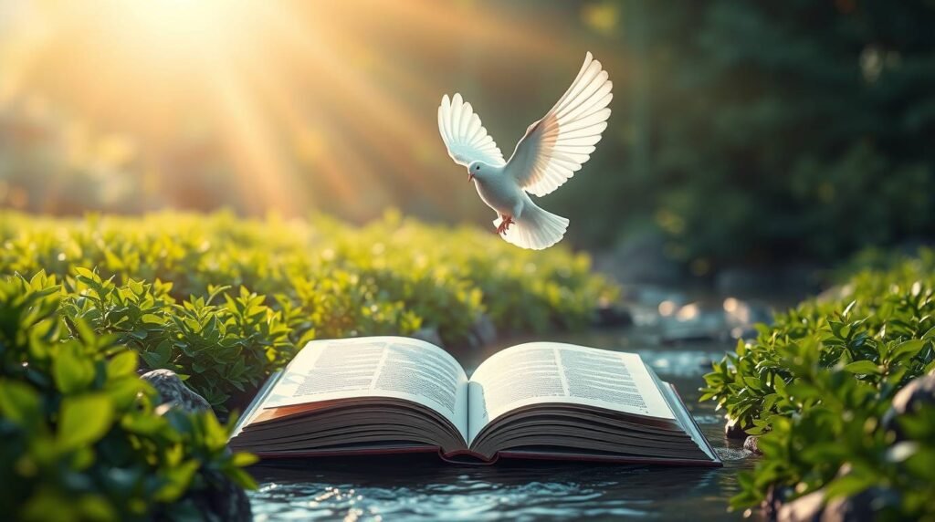 Bild einer offenen Bibel auf einem Feld, über dem eine weiße Taube fliegt