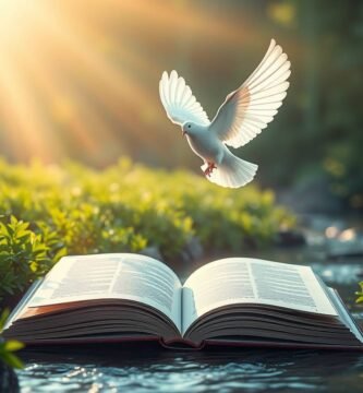 Bild einer offenen Bibel auf einem Feld, über dem eine weiße Taube fliegt