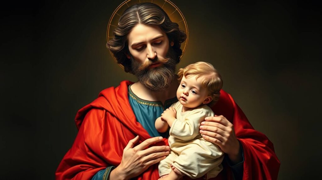 Bild des Heiligen Josef, der ein Kind auf dunklem Hintergrund trägt