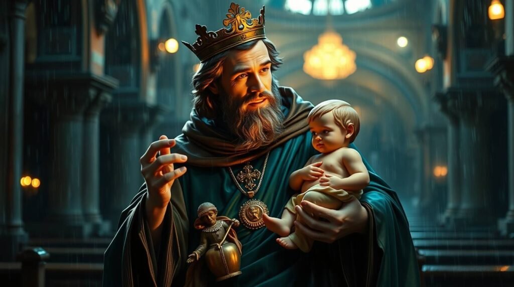 Bild des Heiligen Antonius, der ein Kind in einer Kirche hält