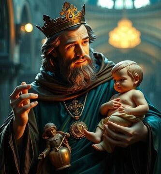 Bild des Heiligen Antonius, der ein Kind in einer Kirche hält