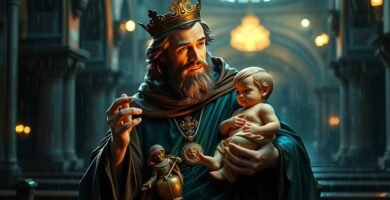 Bild des Heiligen Antonius, der ein Kind in einer Kirche hält