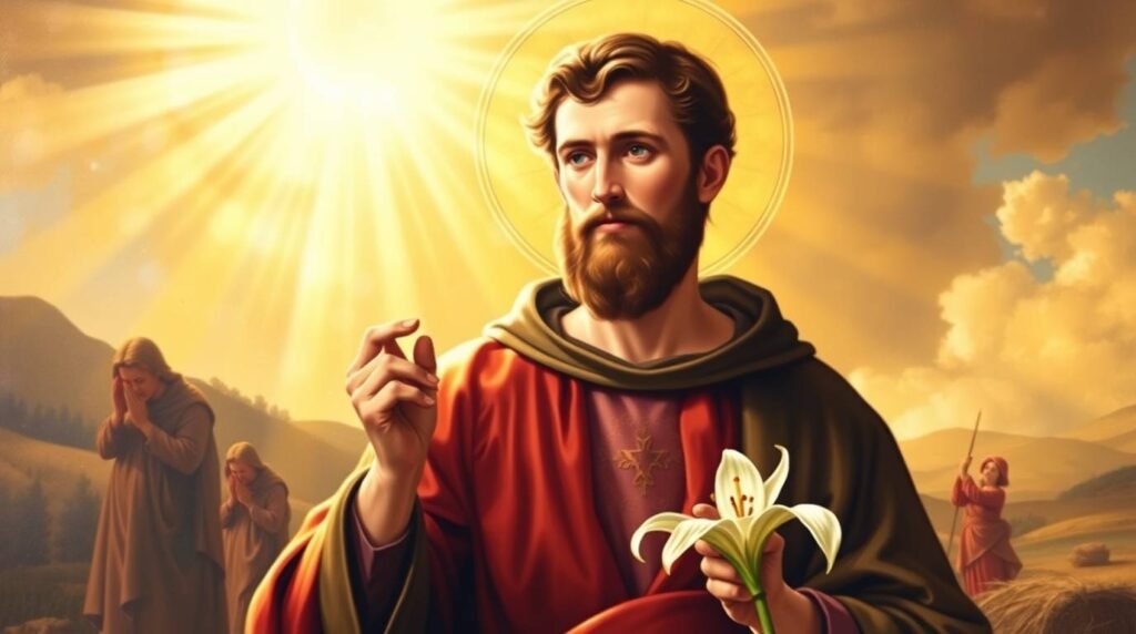 Bild des Heiligen Antonius im Malstil in einer Sonnenaufgangslandschaft, der eine Blume in der Hand hält.