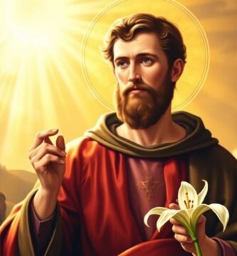 Bild des Heiligen Antonius im Malstil in einer Sonnenaufgangslandschaft, der eine Blume in der Hand hält.