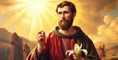 Bild des Heiligen Antonius im Malstil in einer Sonnenaufgangslandschaft, der eine Blume in der Hand hält.