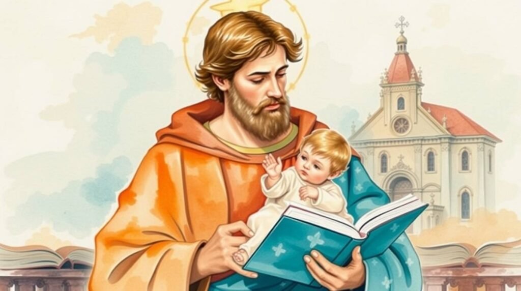 Leinwandbild des Heiligen Antonius, der in der anderen Hand ein Kind mit einem offenen Buch trägt.