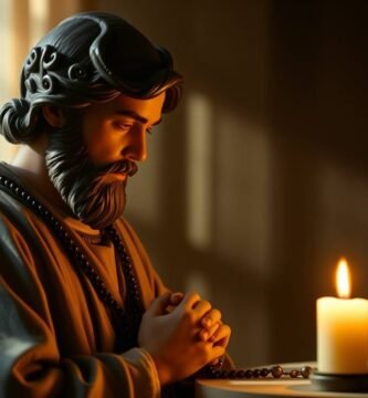 Bild eines älteren Mannes, der an einem Tisch betet, begleitet von zwei Kerzen