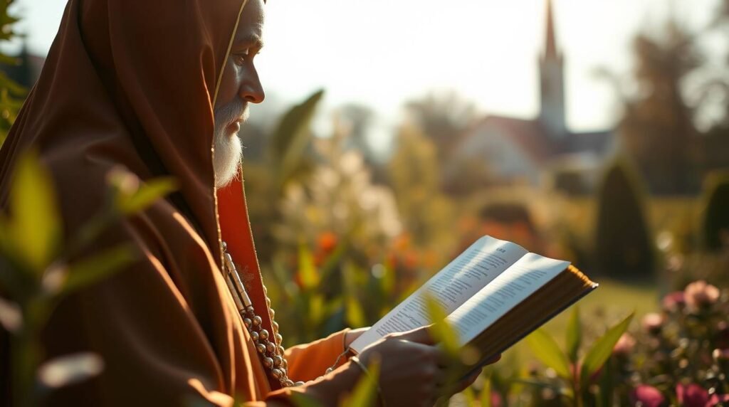 Bild eines alten Mannes, der auf dem Land eine Bibel liest