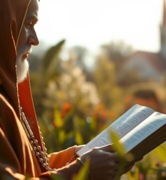 Bild eines alten Mannes, der auf dem Land eine Bibel liest