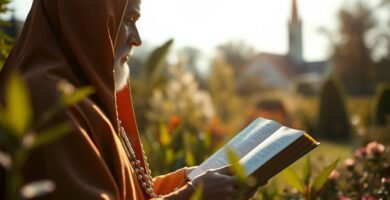 Bild eines alten Mannes, der auf dem Land eine Bibel liest