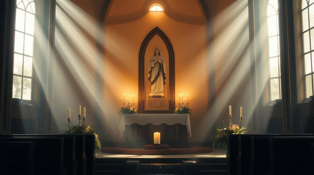 Bild des Inneren einer leeren Kirche mit dem Sockel Jesu, der von goldenen Strahlen beleuchtet wird, die aus den Fenstern fallen