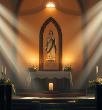 Bild des Inneren einer leeren Kirche mit dem Sockel Jesu, der von goldenen Strahlen beleuchtet wird, die aus den Fenstern fallen