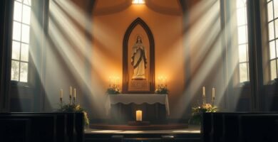 Bild des Inneren einer leeren Kirche mit dem Sockel Jesu, der von goldenen Strahlen beleuchtet wird, die aus den Fenstern fallen
