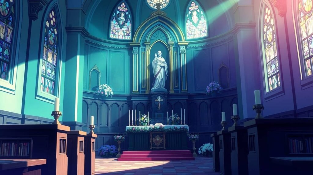 Bild des Inneren einer Kirche mit Blick auf den Altar mit dem Bild von Jesus und wunderschönen Farben, die durch das durch die Fenster fallende Licht strahlen
