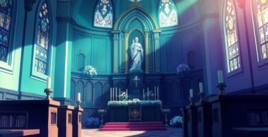 Bild des Inneren einer Kirche mit Blick auf den Altar mit dem Bild von Jesus und wunderschönen Farben, die durch das durch die Fenster fallende Licht strahlen