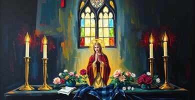 Bild eines Kirchenaltars mit dem Bild der Jungfrau Maria um einige Kerzen