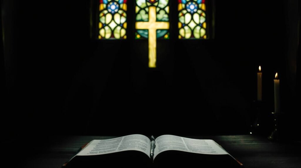 Bild einer offenen Bibel in einem von einem Kreuz beleuchteten Raum neben Kerzen in einem dunklen Raum