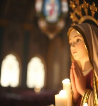 Nahaufnahme einer Statue der Jungfrau Maria neben einigen Kerzen