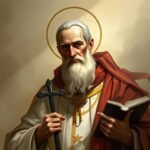 Gemälde eines katholischen Priesters, der eine Bibel und eine Bibel in seinen Händen hält, mit einem braunen Aquarellhintergrund.
