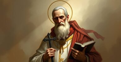 Gemälde eines katholischen Priesters, der eine Bibel und eine Bibel in seinen Händen hält, mit einem braunen Aquarellhintergrund.