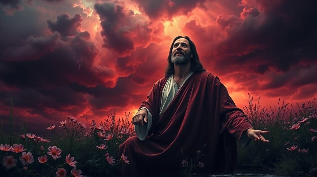 Bild von Jesus Christus, der bei Sonnenuntergang auf einem Feld sitzt und betet