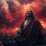 Bild von Jesus Christus, der bei Sonnenuntergang auf einem Feld sitzt und betet