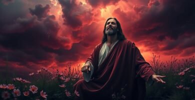 Bild von Jesus Christus, der bei Sonnenuntergang auf einem Feld sitzt und betet
