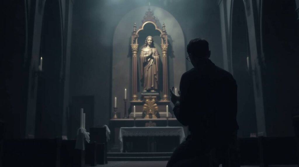 Bild des Inneren einer schwach beleuchteten Kirche mit dem Schatten eines Mannes, der dem Bild von Jesus den Rücken zukehrt und betet.