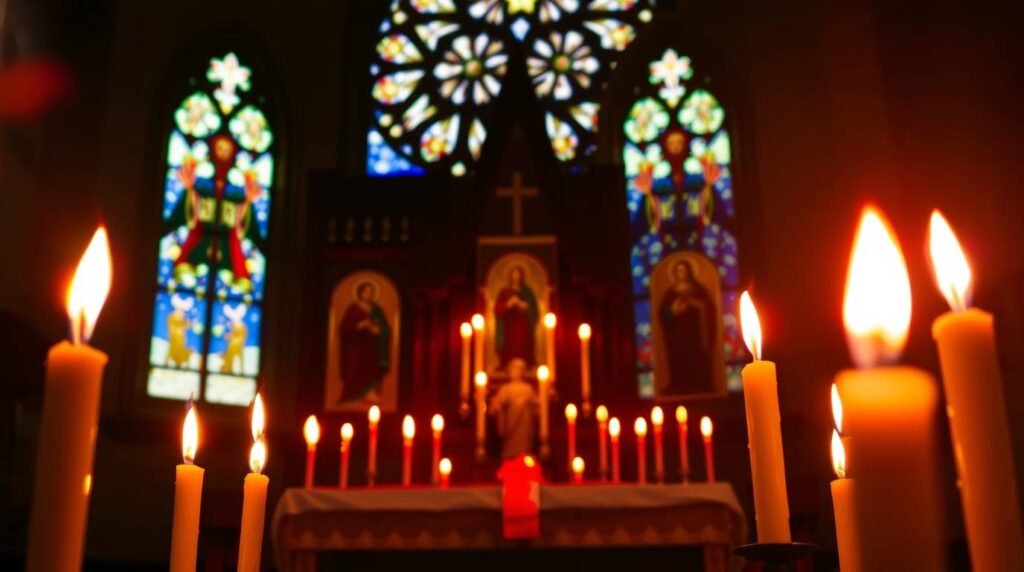Bild des Innenraums einer Kirche mit Blick auf das mit Kerzen beleuchtete Jesusbild