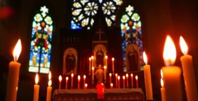 Bild des Innenraums einer Kirche mit Blick auf das mit Kerzen beleuchtete Jesusbild