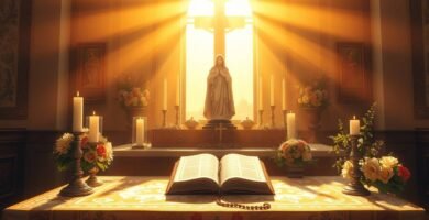 Bild eines Tisches mit einem Kreuz, dem Bild von Jesus, einer offenen Bibel und Blumen darum herum, alles erleuchtet vom Licht der Morgendämmerung, das durch das Fenster fällt.