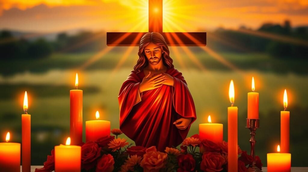 Bild von Jesus Christus am Kreuz mit den Händen auf der Brust neben Kerzen
