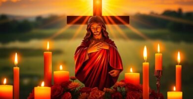 Bild von Jesus Christus am Kreuz mit den Händen auf der Brust neben Kerzen
