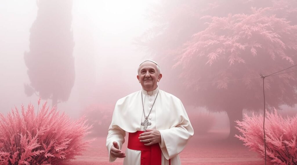 Bild von Papst Johannes Paul II. hinter einem rosa Feld