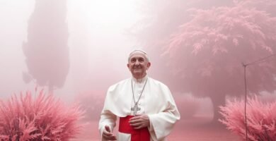 Bild von Papst Johannes Paul II. hinter einem rosa Feld