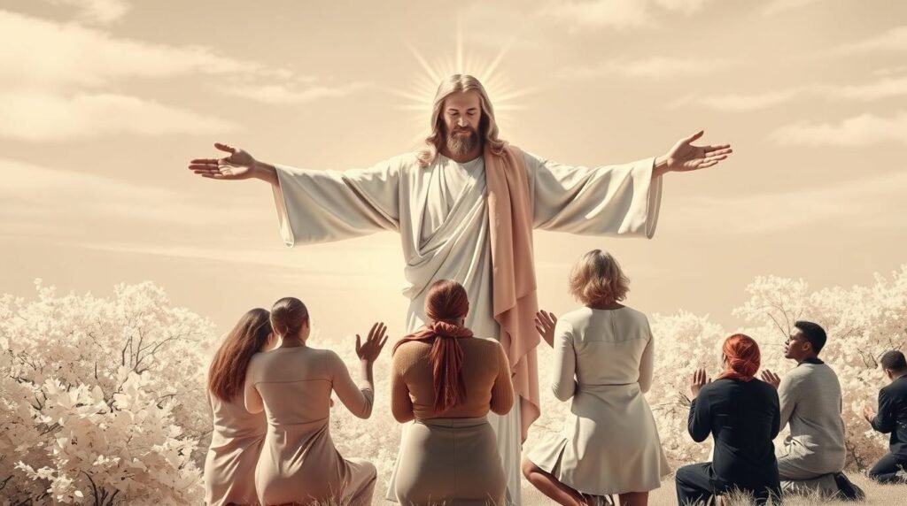 Bild von Jesus Christus mit erhobenen Händen, umgeben von Menschen, die auf Knien beten.