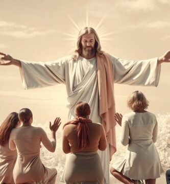 Bild von Jesus Christus mit erhobenen Händen, umgeben von Menschen, die auf Knien beten.