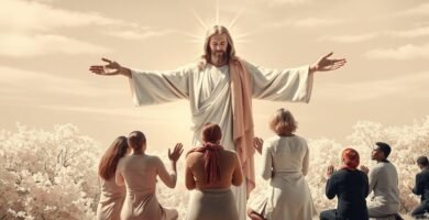 Bild von Jesus Christus mit erhobenen Händen, umgeben von Menschen, die auf Knien beten.