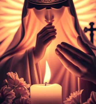 Nahaufnahme eines gesichtslosen Heiligen mit einer brennenden Kerze in der Mitte und Blumen darum herum.