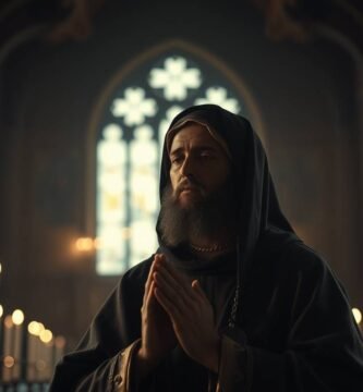 Bild eines bärtigen Mannes, der in einer Kirche voller Kerzen betet