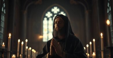 Bild eines bärtigen Mannes, der in einer Kirche voller Kerzen betet
